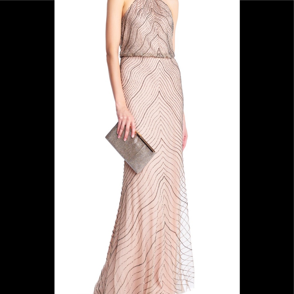 Adrianna Papell blouson gown with halter neckline